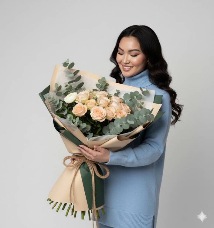 Букет из 11 белых роз с ароматным эвкалиптом в стильной упаковке Букет из 11 белых роз с ароматным эвкалиптом в стильной упаковке