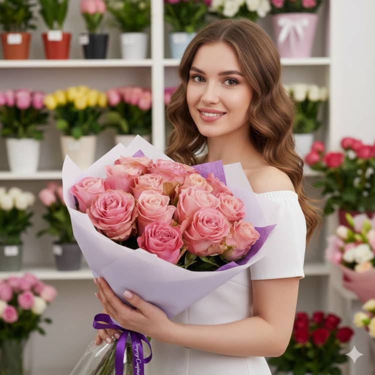 15 розовых роз с ленточкой 15 розовых роз с ленточкой