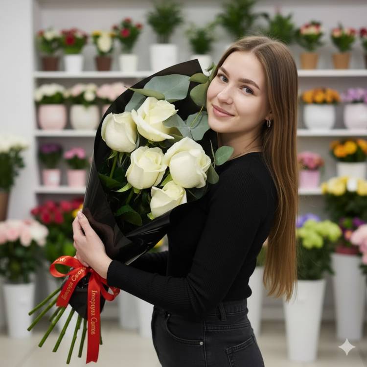 Белые розы с эвкалиптом