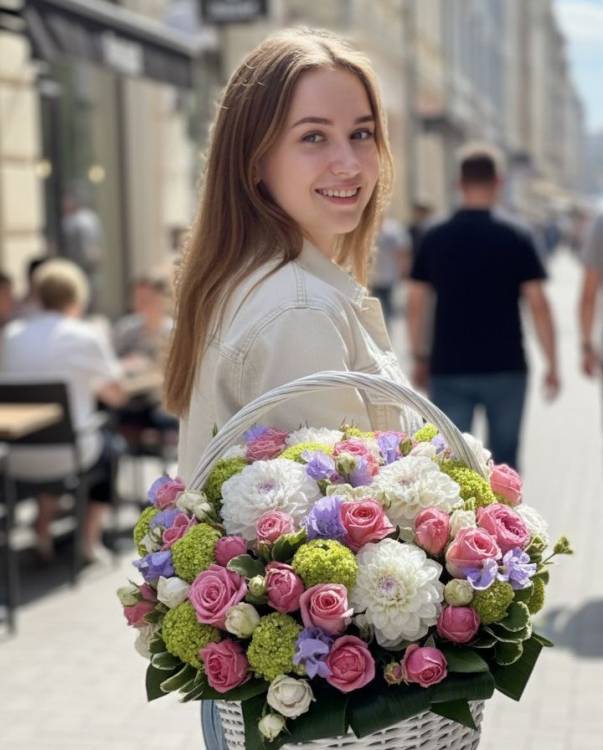 Букет с георгинами "Летняя корзинка"