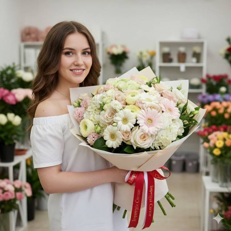 Букет 15 белых роз с оформлением