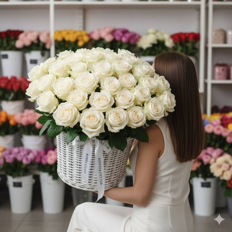 Белые розы в корзине
