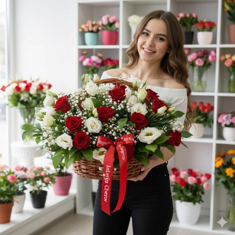 Сборная корзина из красных роз и эустомы Сборная корзина из красных роз и эустомы